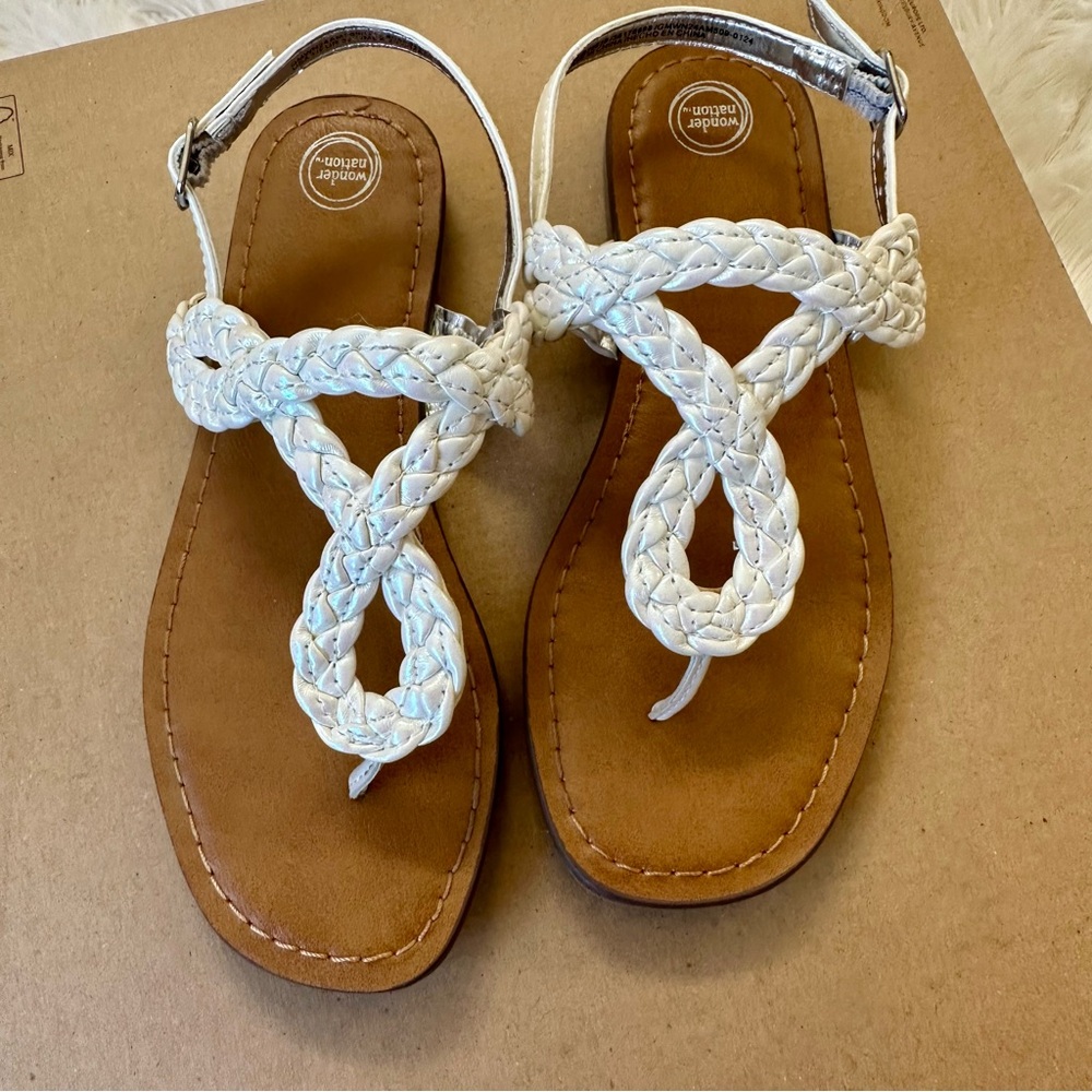 WONDER NATION Girls White Braided Thong Sandals Size 1 Shimmer Summer Shoes